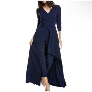 Kay Unger Navy Blue Davina Maxi Walk Through Jumpsuit Dress Women 16 $308 Ruched